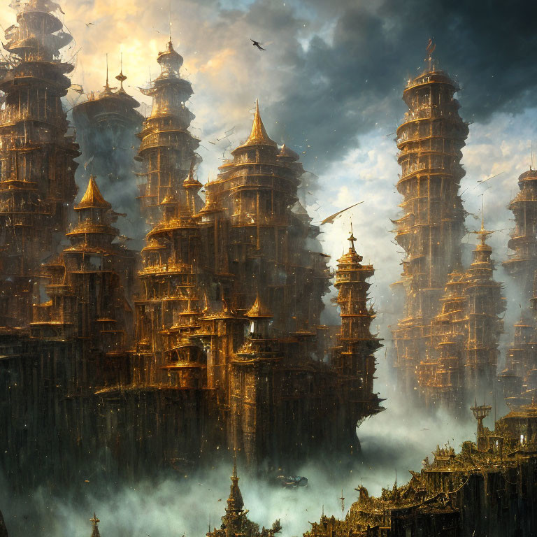 Fantasy cityscape with towering spires and soaring bird under dramatic sky