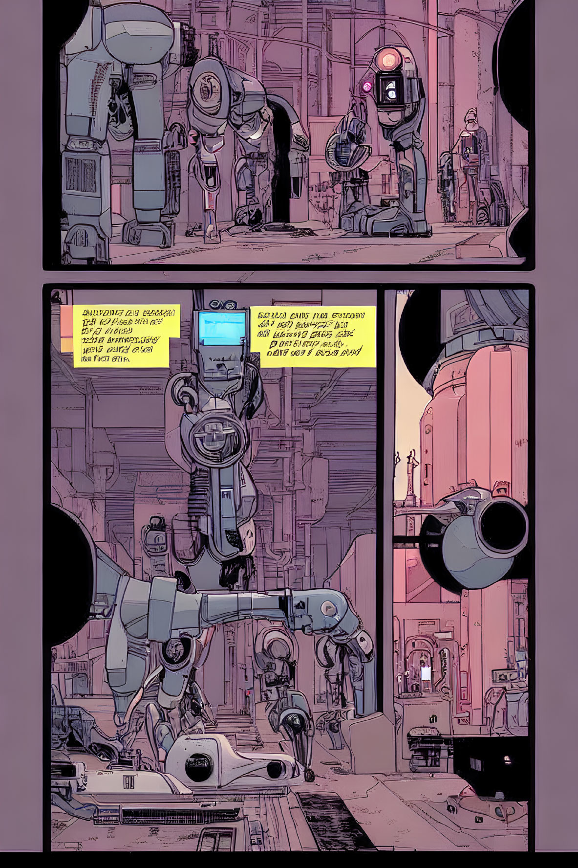 Futuristic robots in purple-toned comic workshop