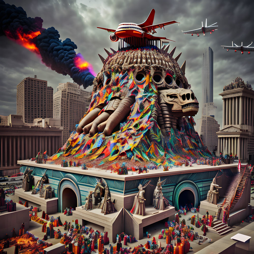 Colorful surreal image: monstrous structure, skulls, jet crash in chaotic cityscape