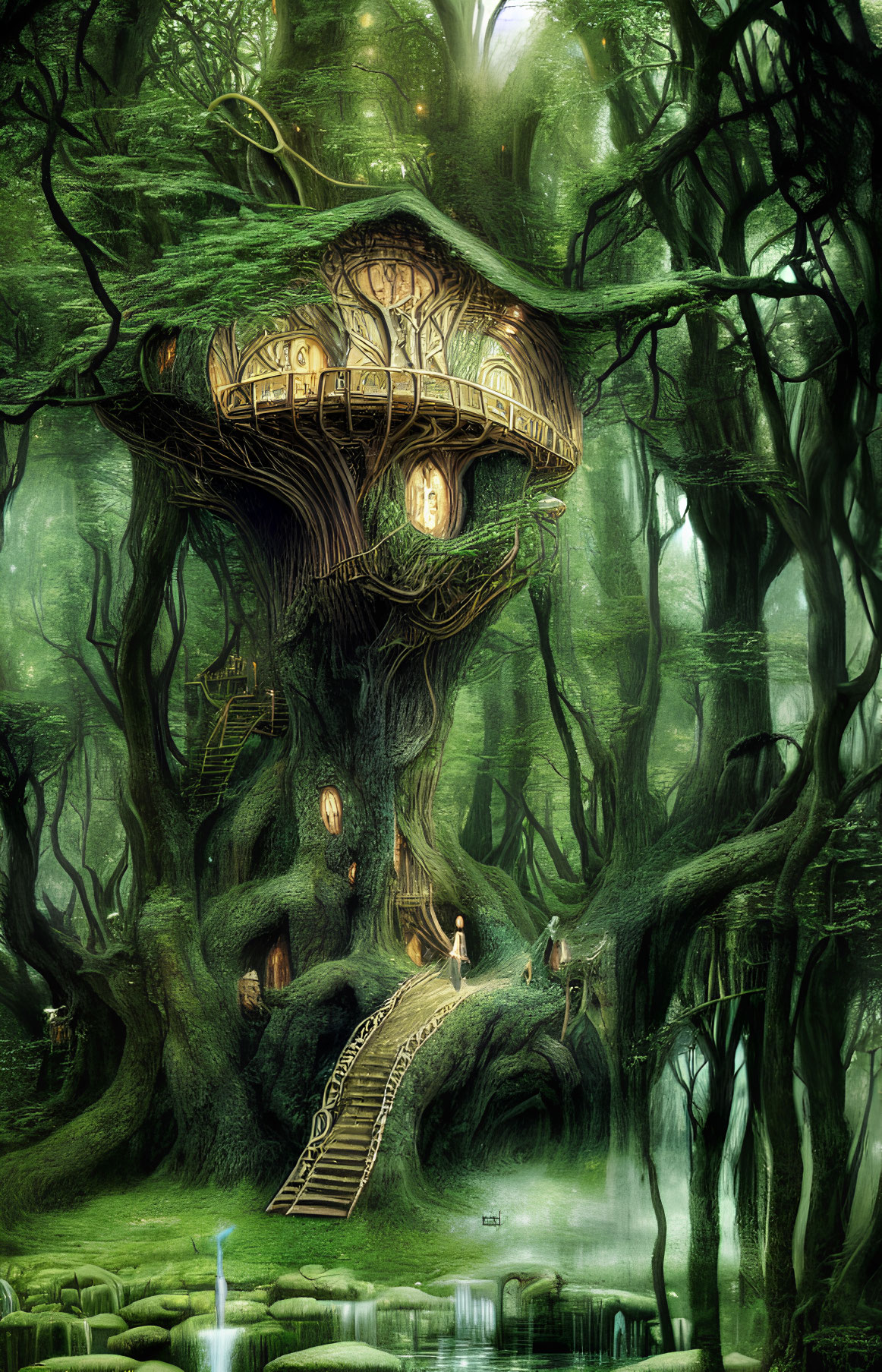 Enchanting treehouse in lush forest with spiral staircase