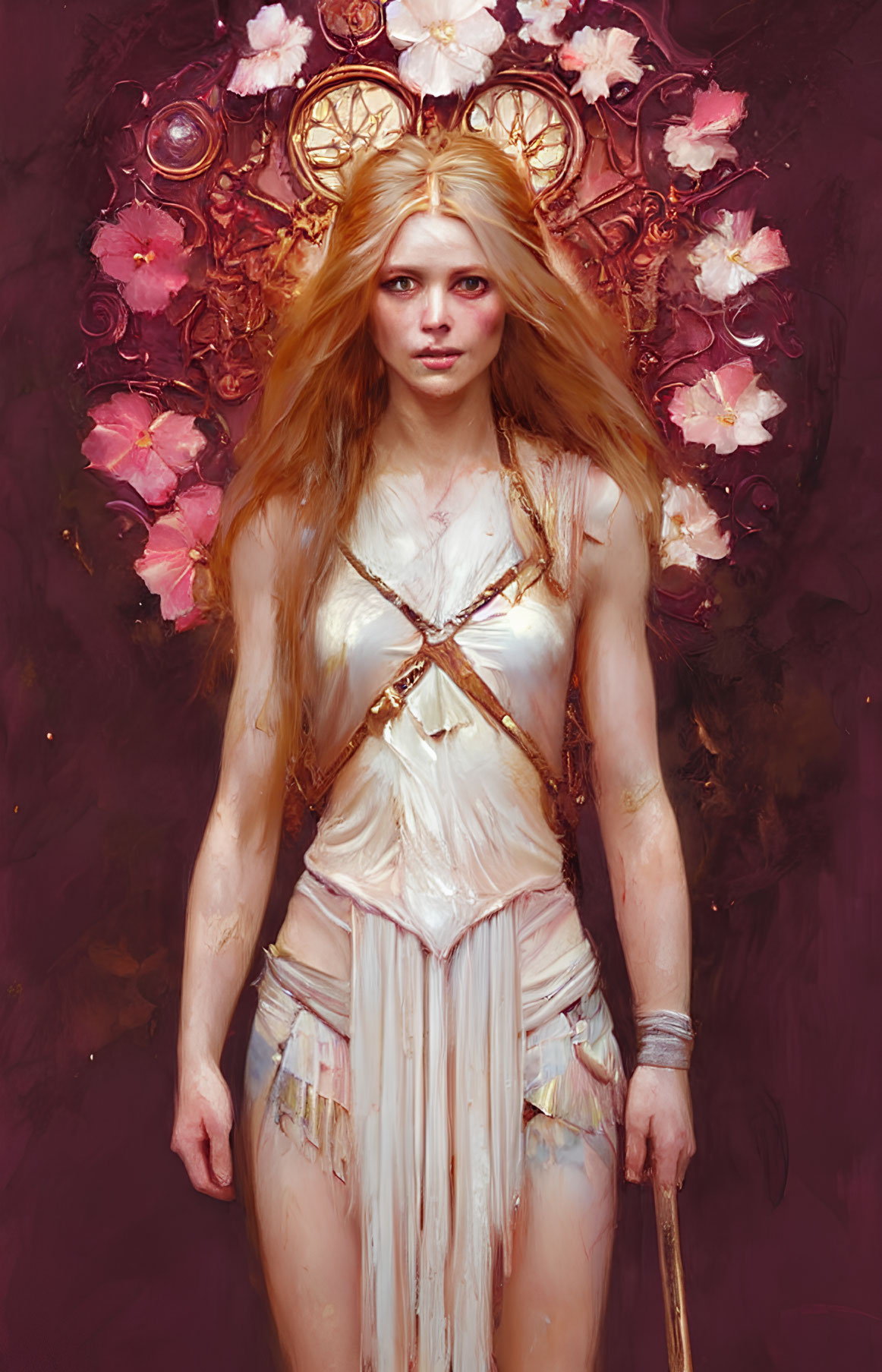 Fantasy painting of woman with blonde hair, crown, staff, flowers & symbols