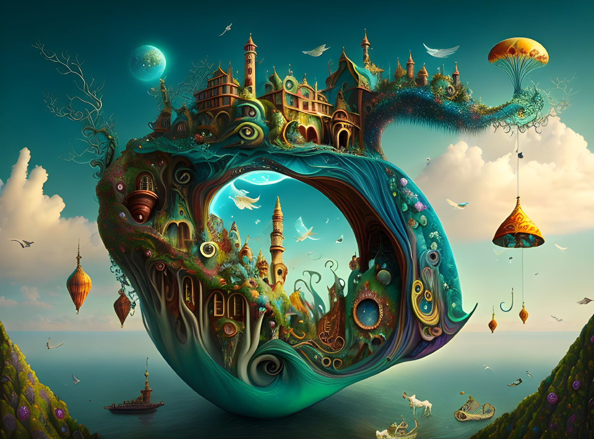 Surreal floating islands and seashell-shaped structure in whimsical landscape