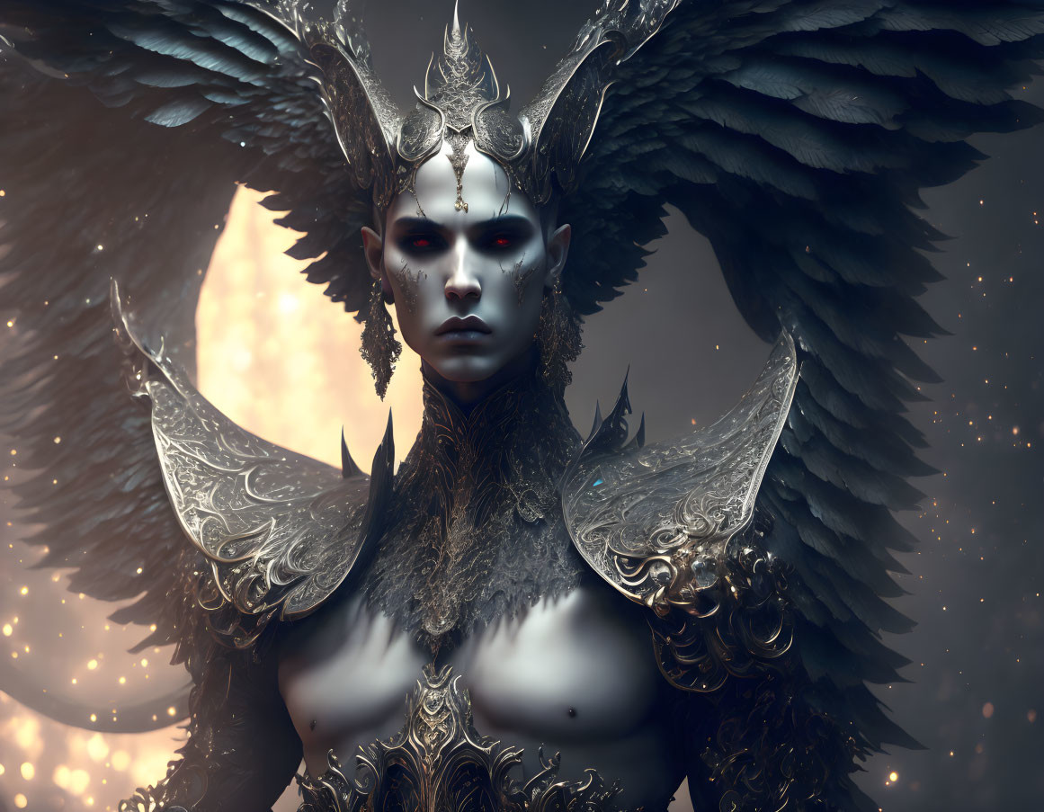 Dark angelic winged being in metallic armor with intense gaze in mystical setting.