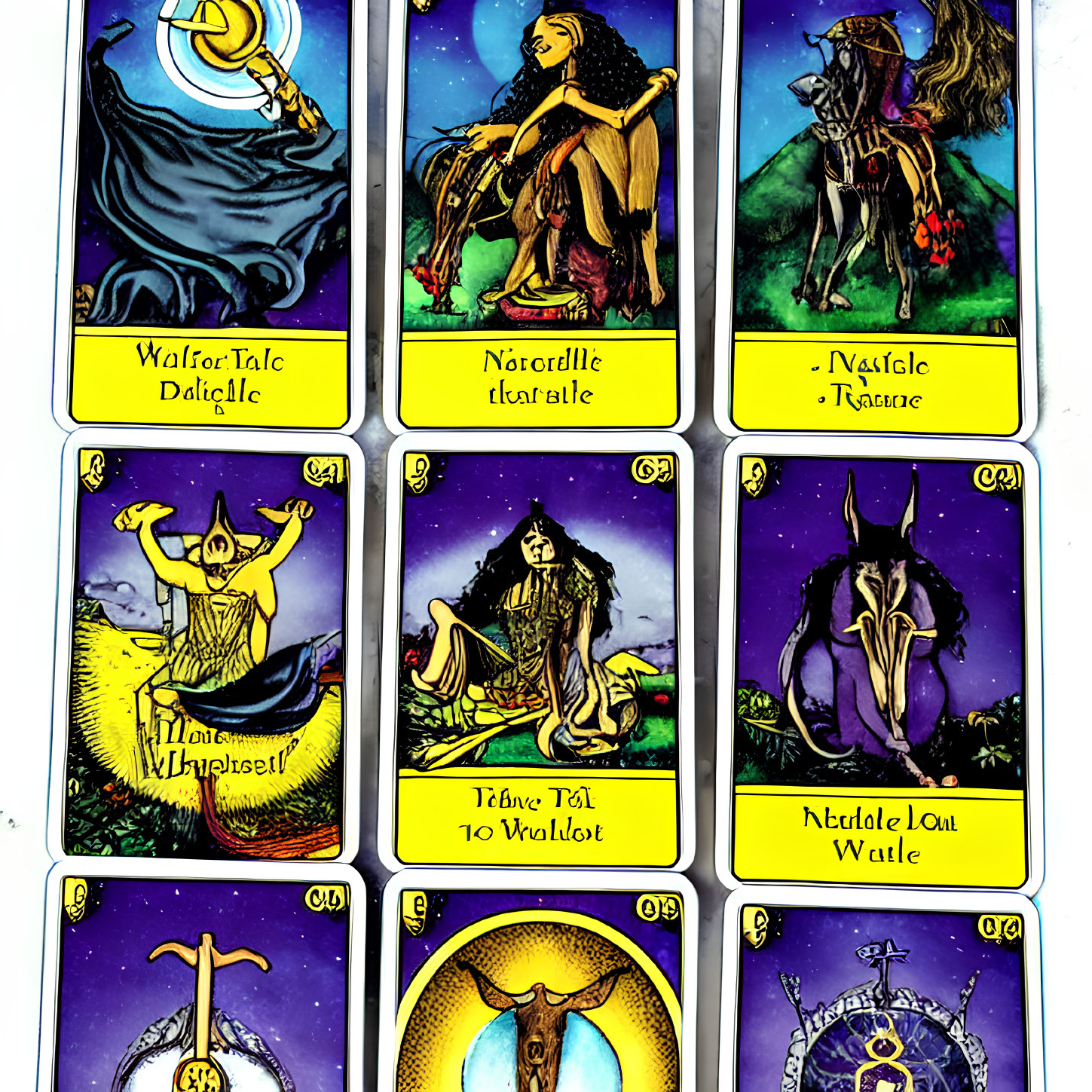 Vivid celestial and mythical tarot card illustrations in 3x3 grid