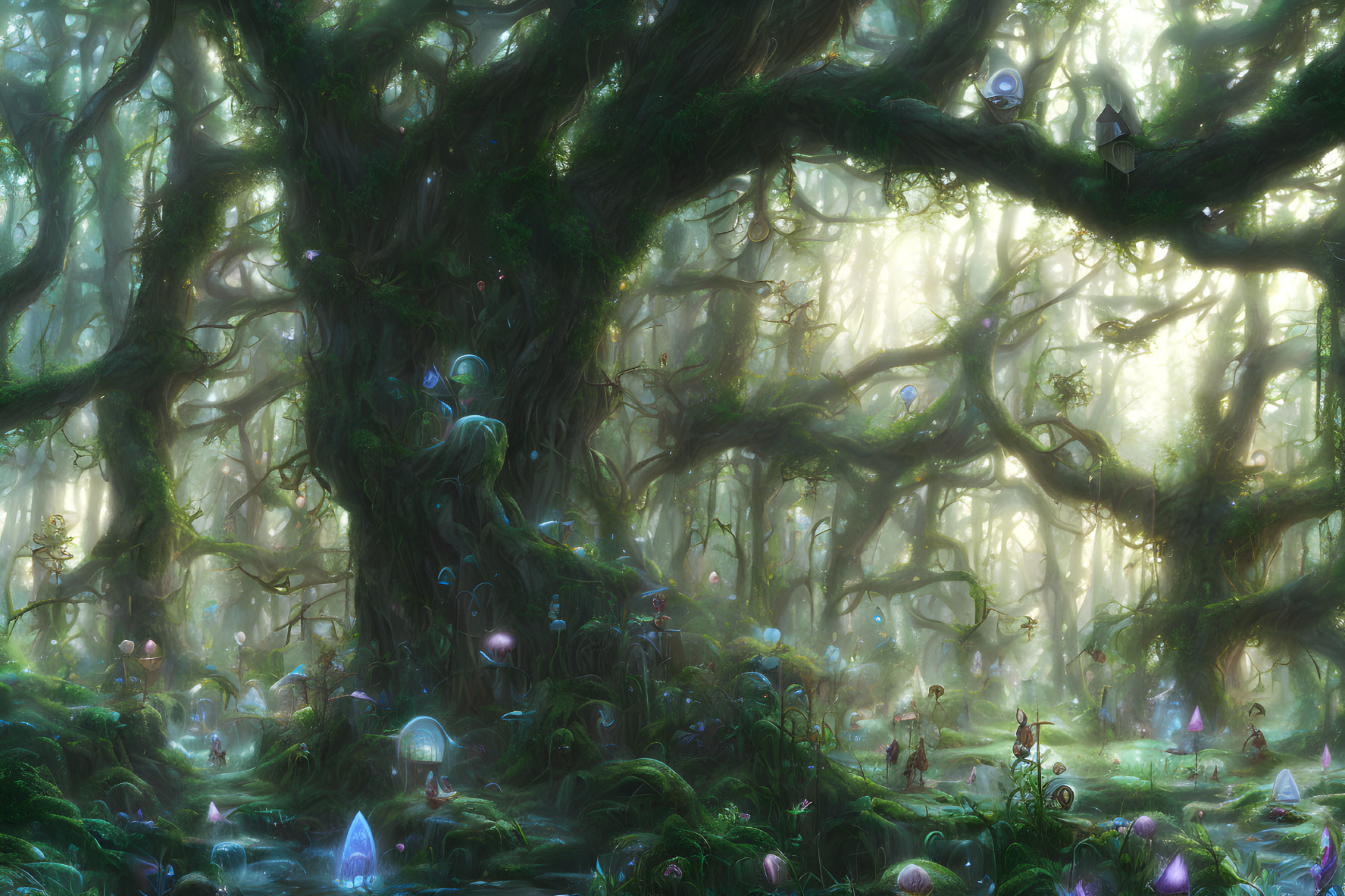 Ethereal forest with mystical trees and glowing flora