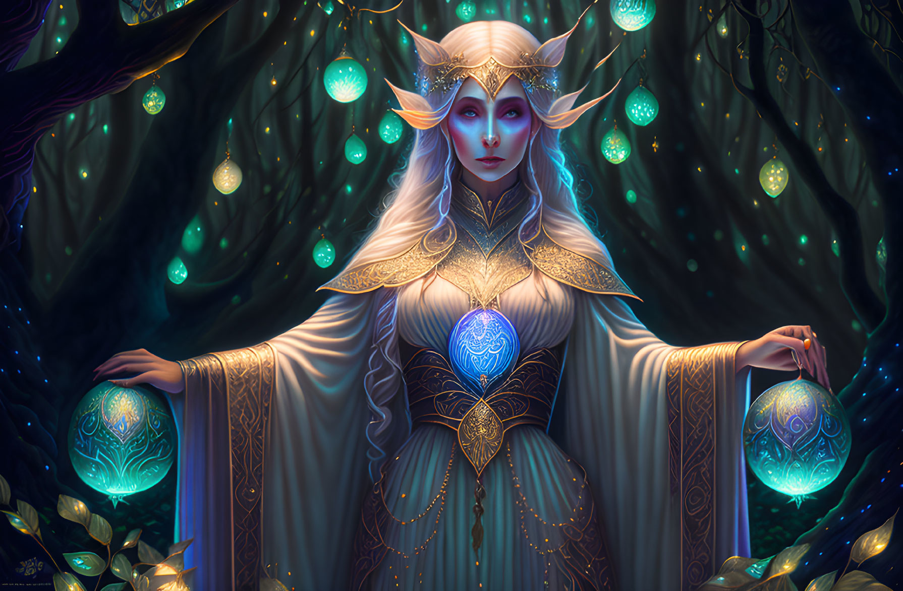 Ethereal elf in mystical forest with luminous orbs and elegant horns