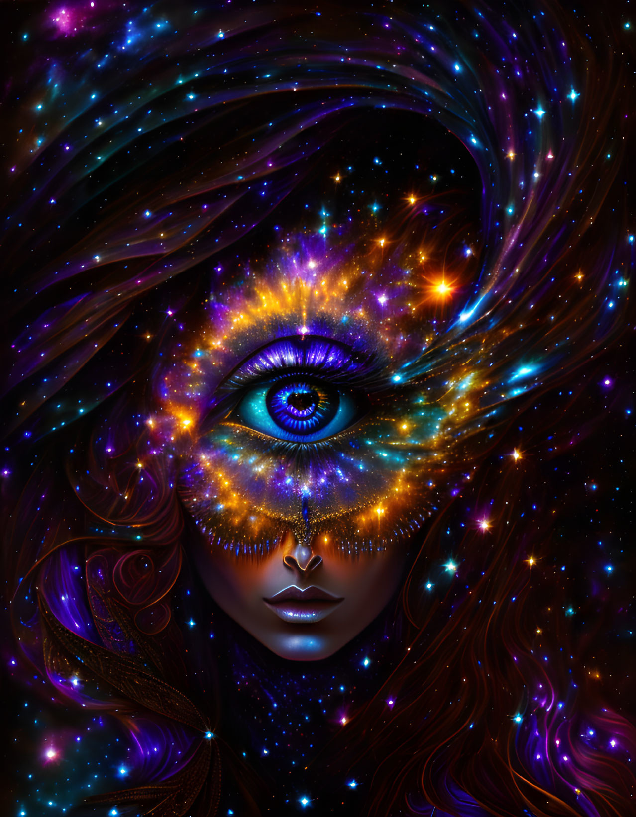 Cosmic-themed digital art: vibrant eye with stars and galaxies, blending into woman's celestial visage