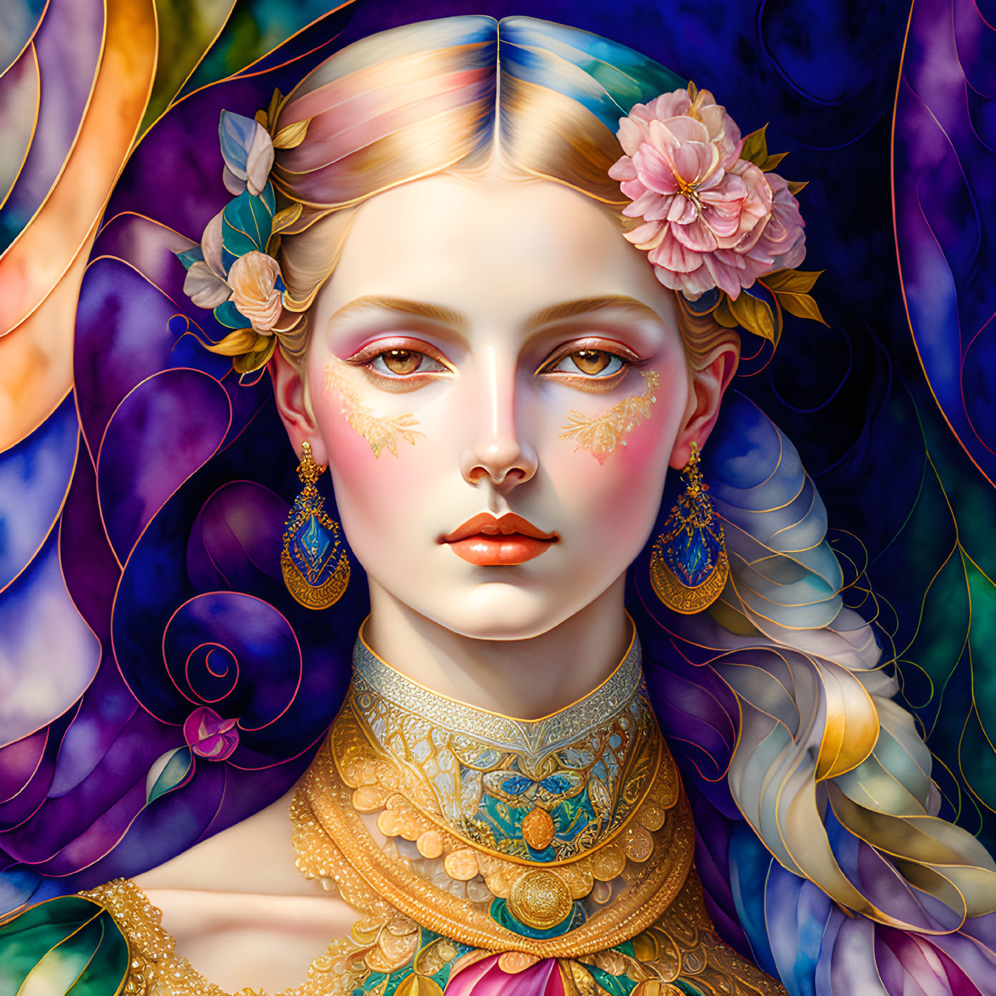 Illustrated portrait of woman with floral hair, gold jewelry, purple and blue backdrop