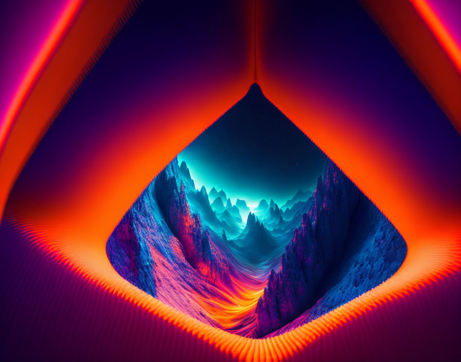 Neon tunnel digital artwork of night mountain scape