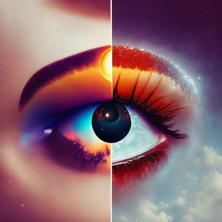 Split image of eye: day and night themes, sun-lit sky with clouds on one side,