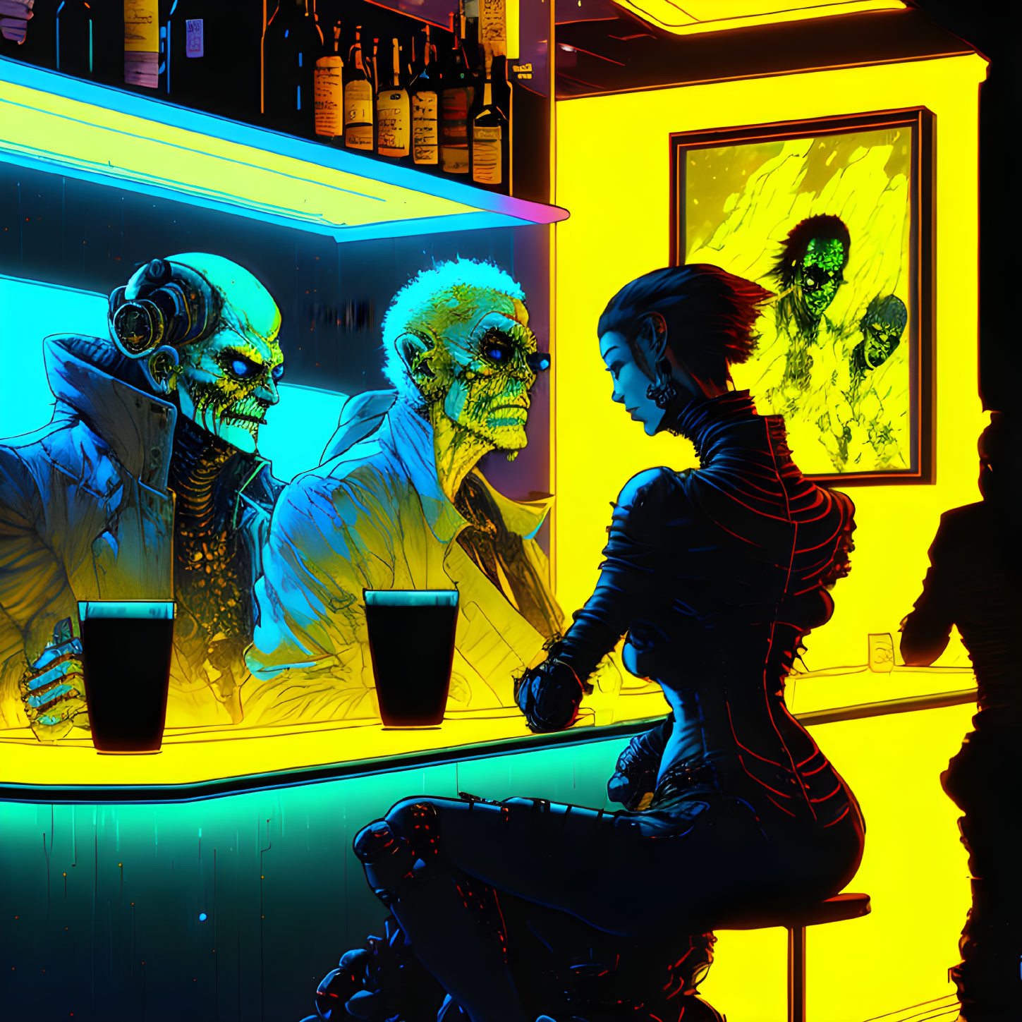 Cyberpunk neon-lit bar scene with zombies and woman with cybernetic arm, yellow and