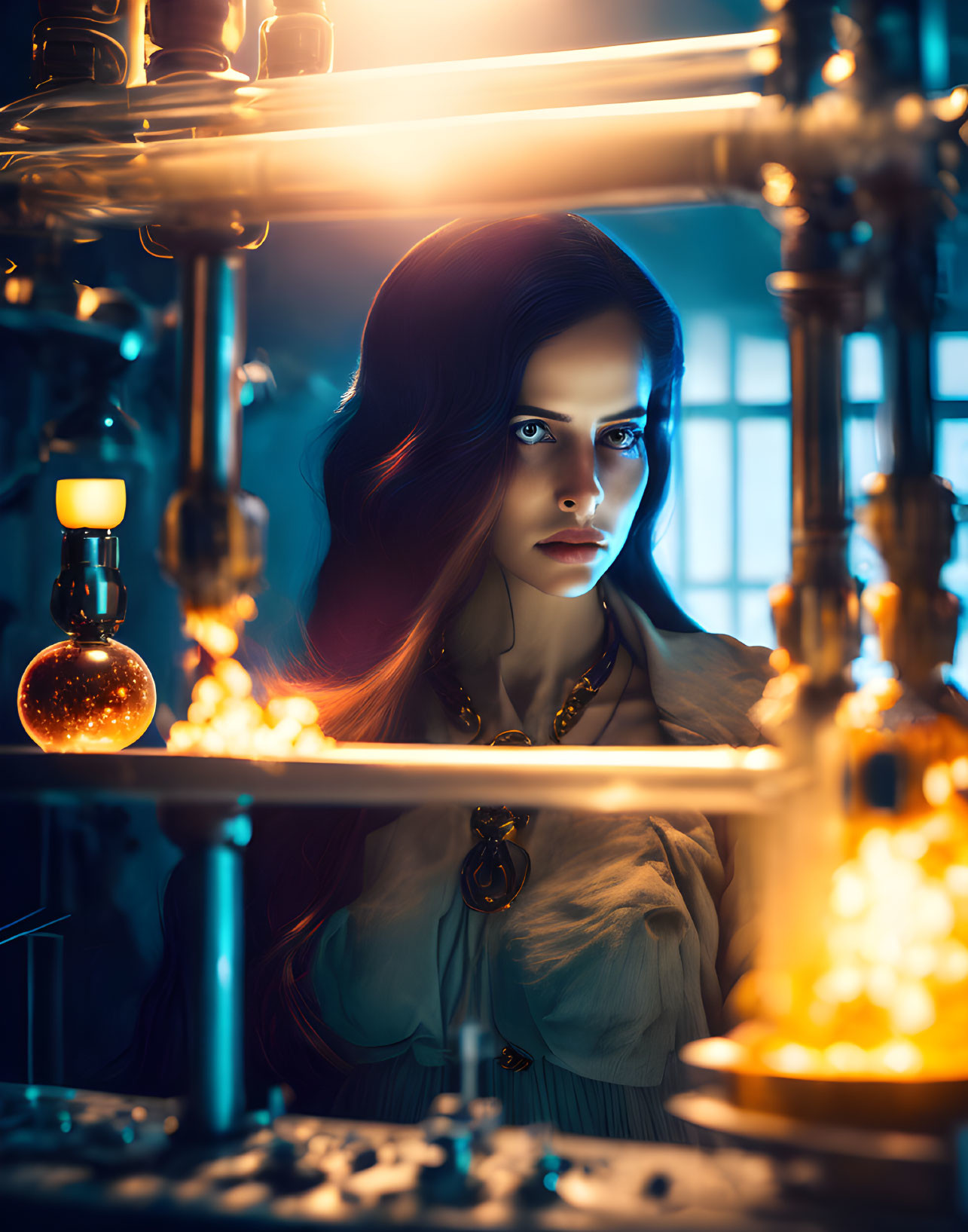 Woman surrounded by glowing alchemical vessels and laboratory apparatus