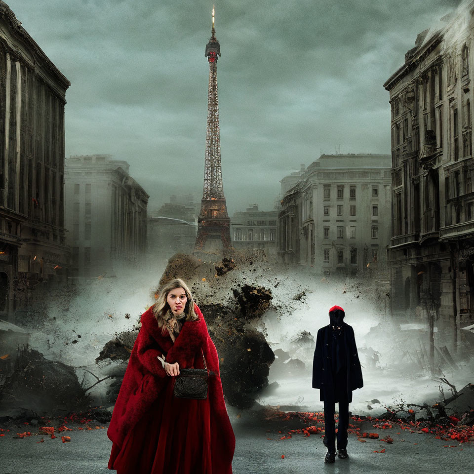 Woman in red cloak in apocalyptic Paris with Eiffel Tower & approaching figure