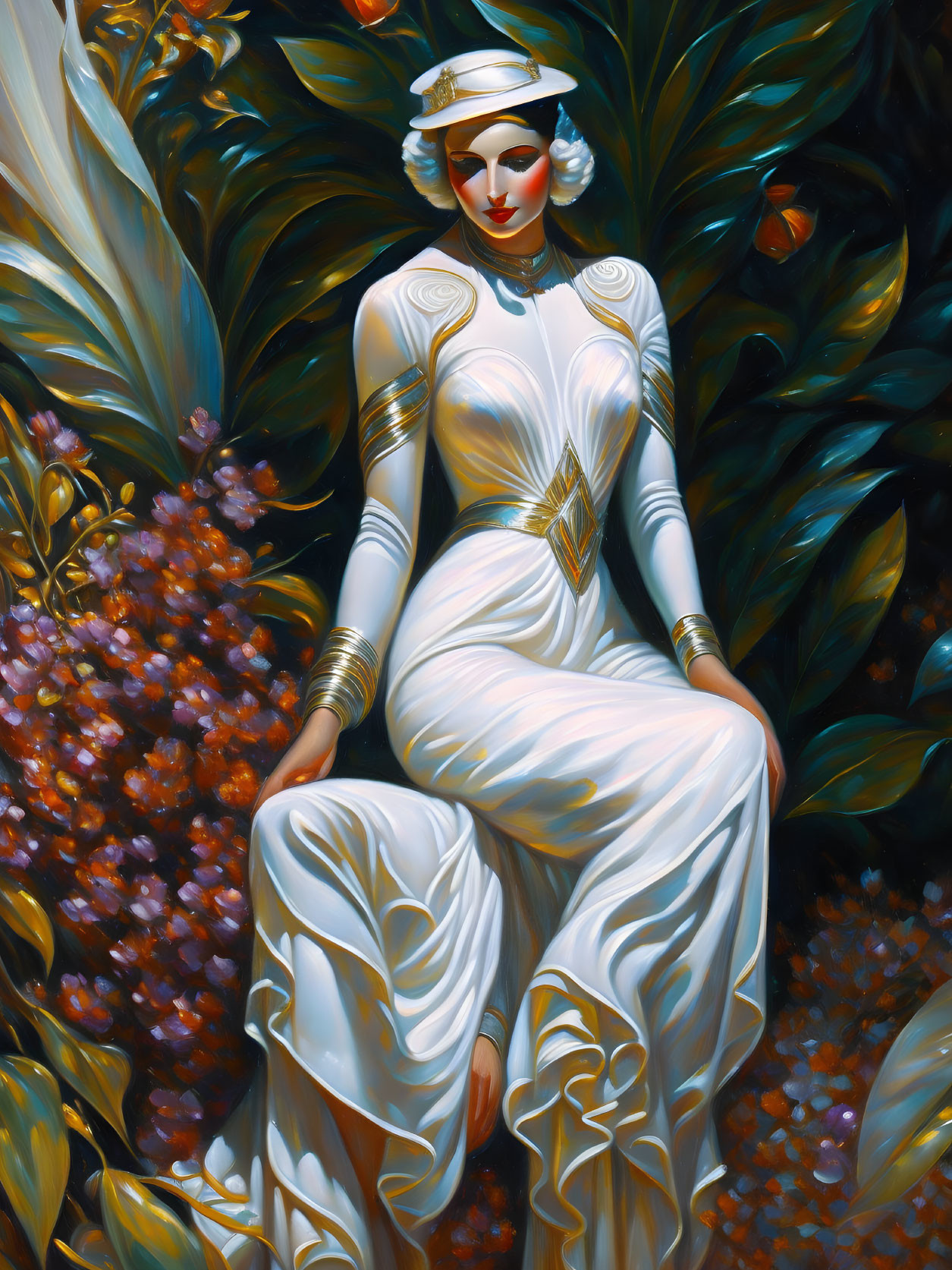 Serene figure in white and gold outfit surrounded by lush greenery