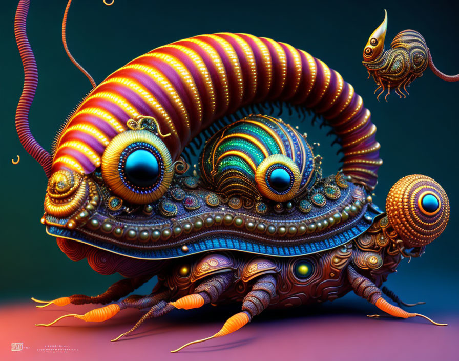 Detailed digital artwork: fantastical creature with swirling eyes, ornate patterns, and antennae on gradient