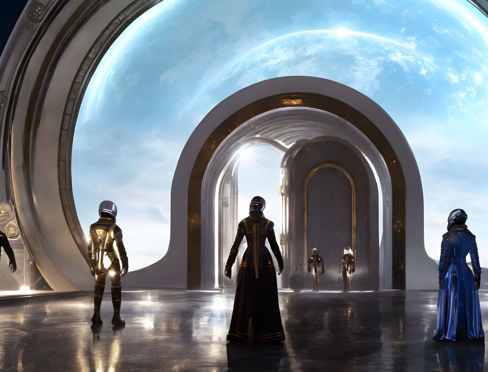 Futuristic figures in sleek corridor with celestial view.