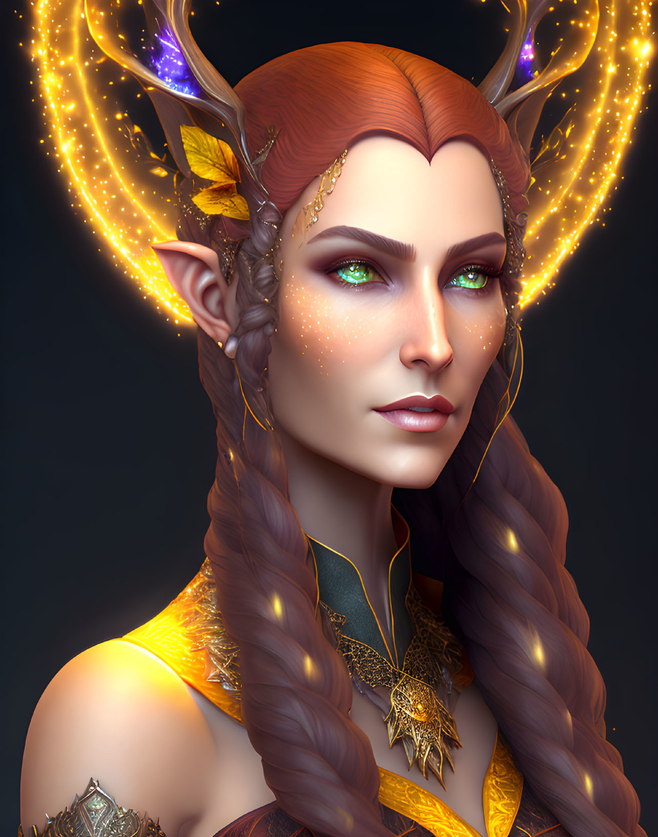 Fantasy female elf digital art with glowing antlers and green eyes