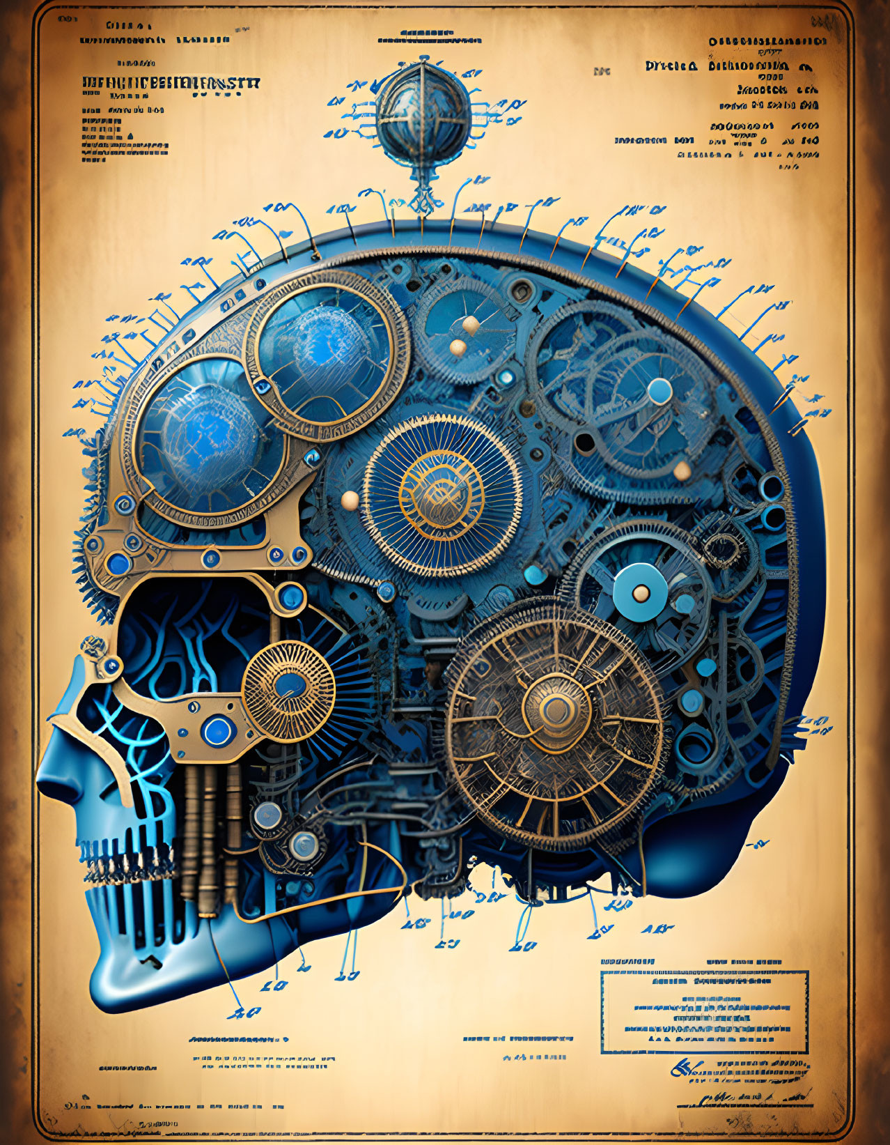 Vintage Mechanical Head Illustration on Old Document Background