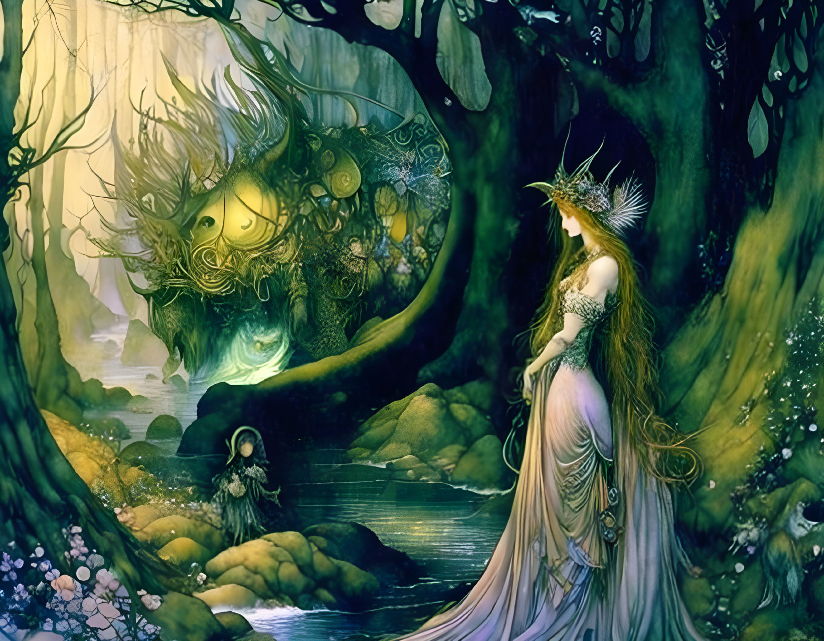 Enchanted forest with ethereal woman, mystical creature, and glowing tree