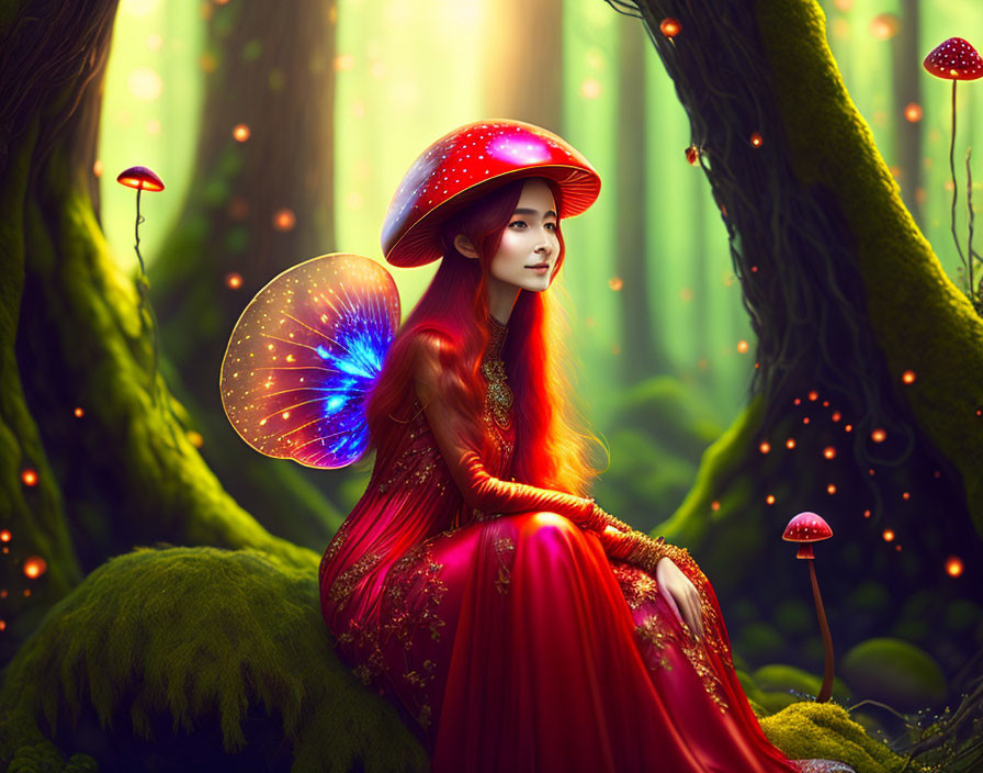 Mystical red-haired fairy in gown, with wings, in enchanted forest