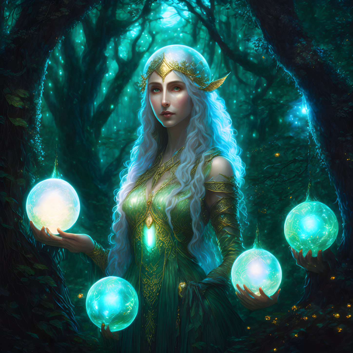 Ethereal woman with glowing orbs in luminescent forest