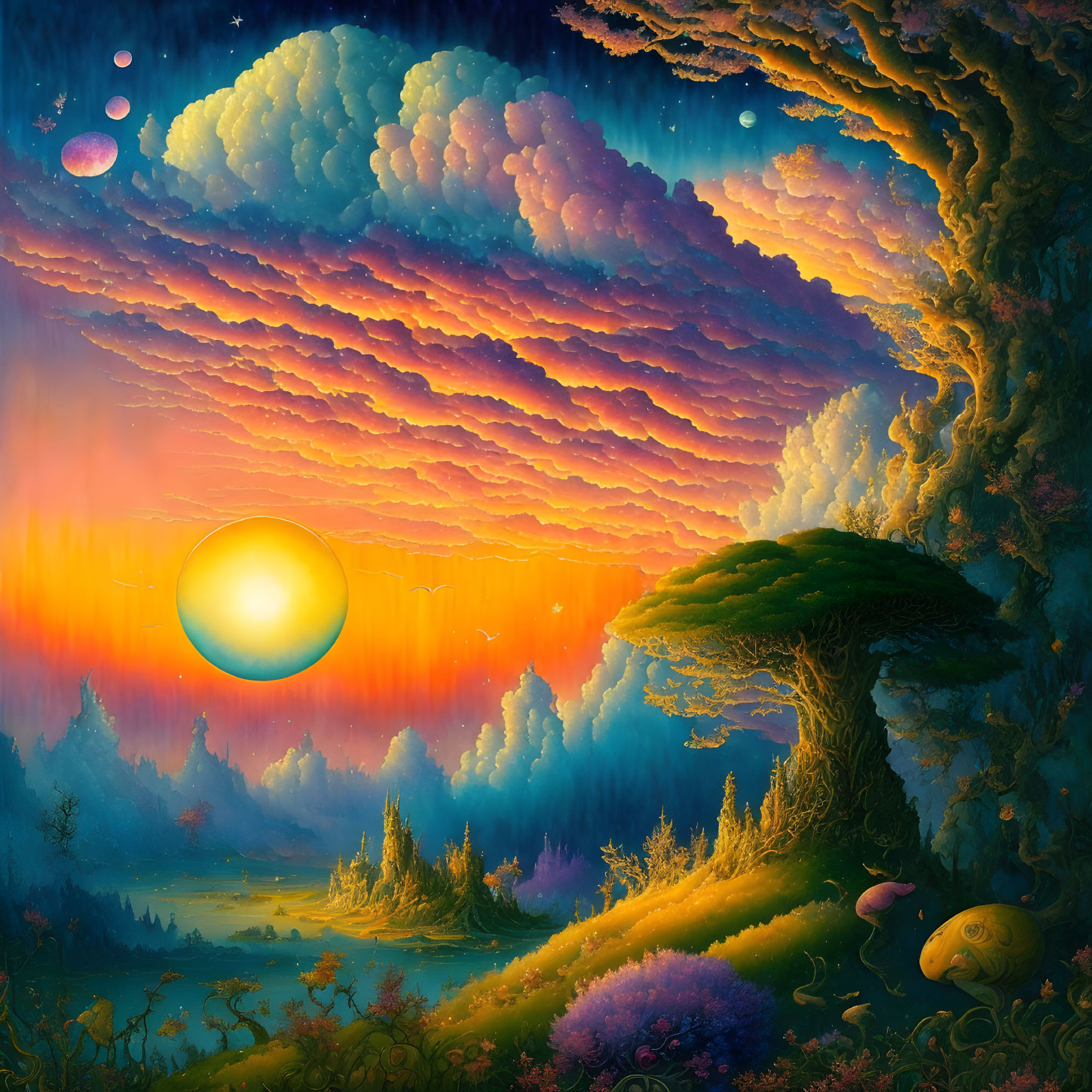 Colorful Landscape with Glowing Orb, Grand Tree, and Turtle