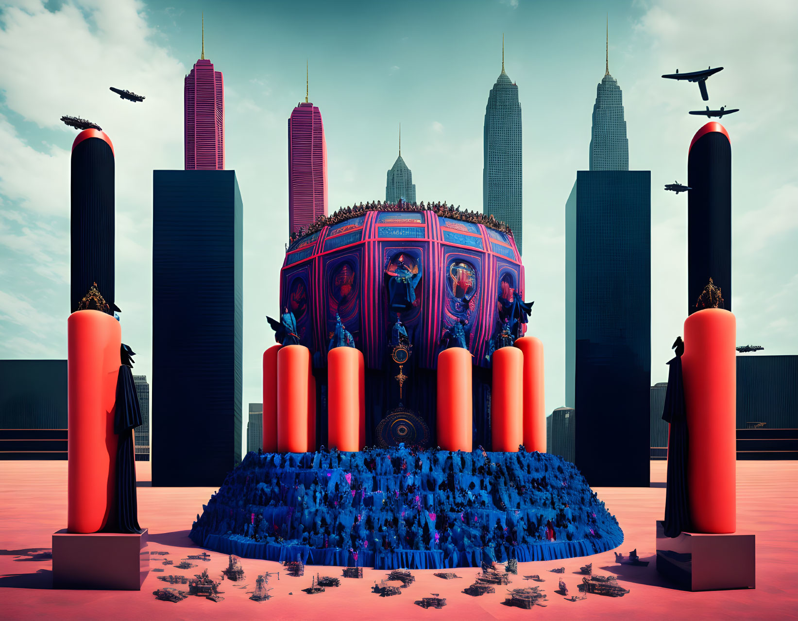 Surreal cityscape with circular blue figures and red candles against skyscrapers