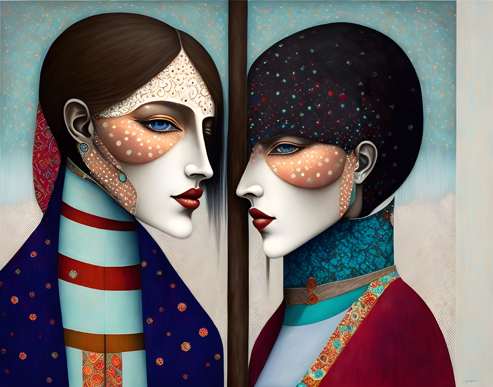 Stylized female figures in vibrant attire and patterned skin face each other.