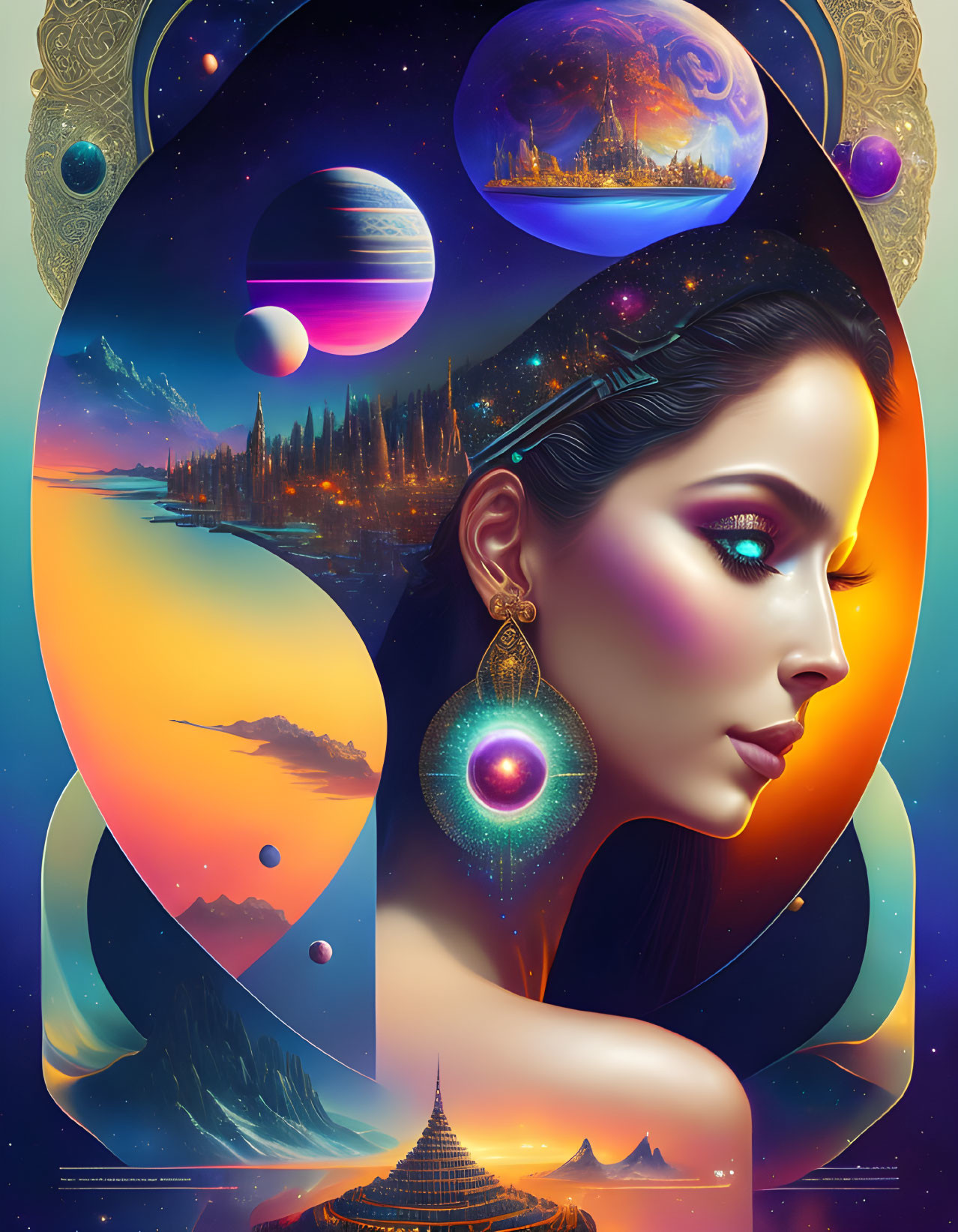 Digital artwork of woman's profile with cosmic and fantastical elements