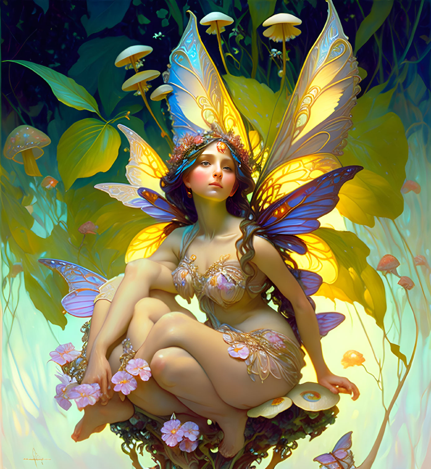 Illustration of fairy with iridescent wings in mystical forest