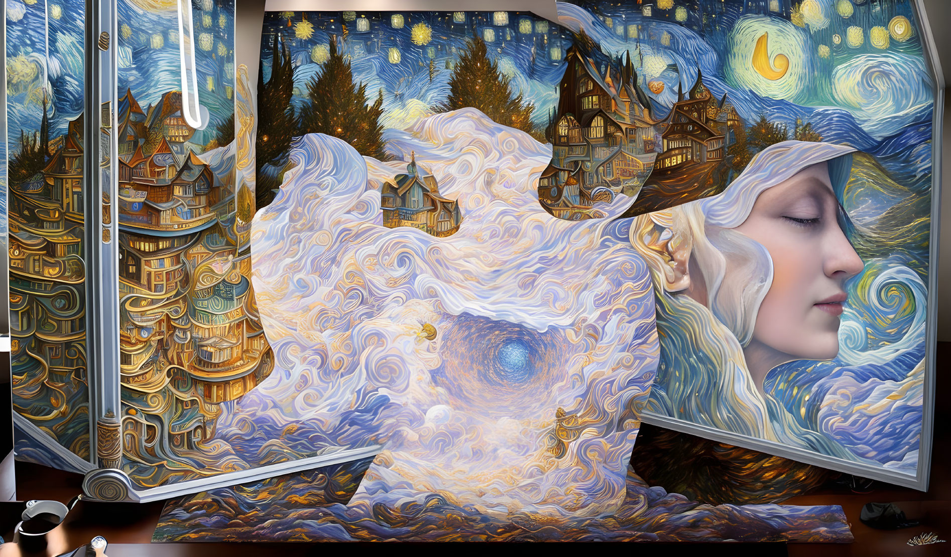 Surreal illustration blending woman's profile with "Starry Night" flowing into whimsical room