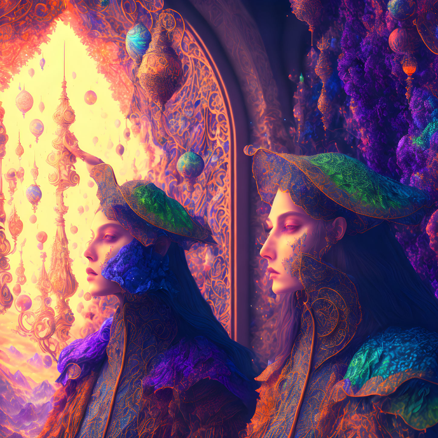 Ethereal figures in colorful attire with celestial and mystical elements