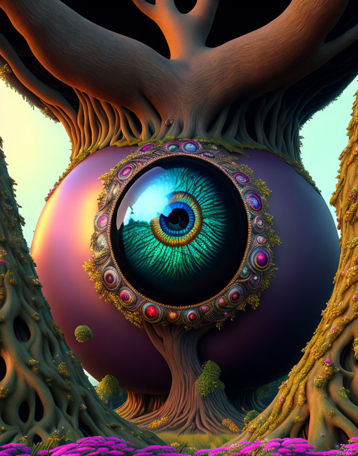 Surreal landscape with giant eye tree and colorful flora