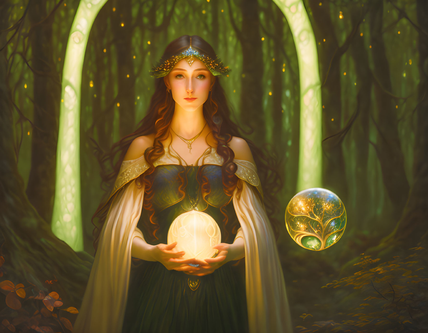 Ethereal woman in forest with jeweled headpiece and glowing orb