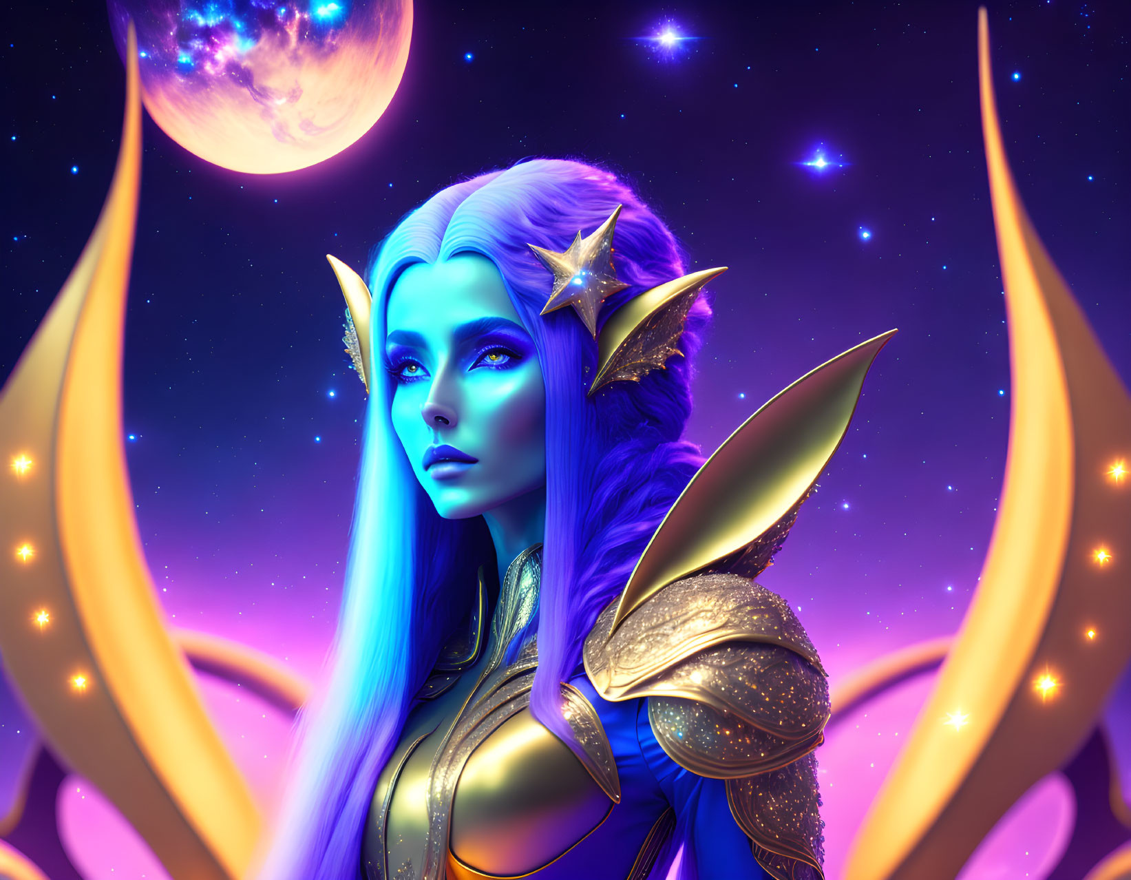 Fantasy digital art portrait of an elf woman with glowing blue skin and elaborate golden armor against cosmic backdrop