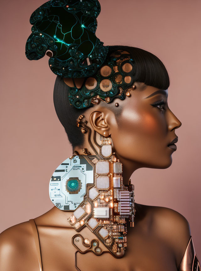 Cybernetically enhanced woman with circuit board earring on pink background