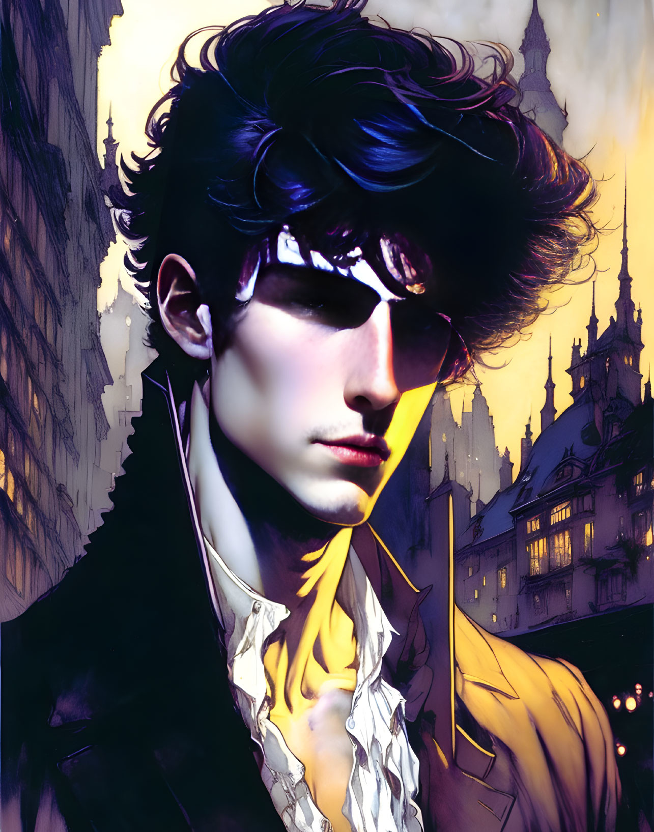 Stylized man in shades and yellow coat against gothic cityscape at dusk