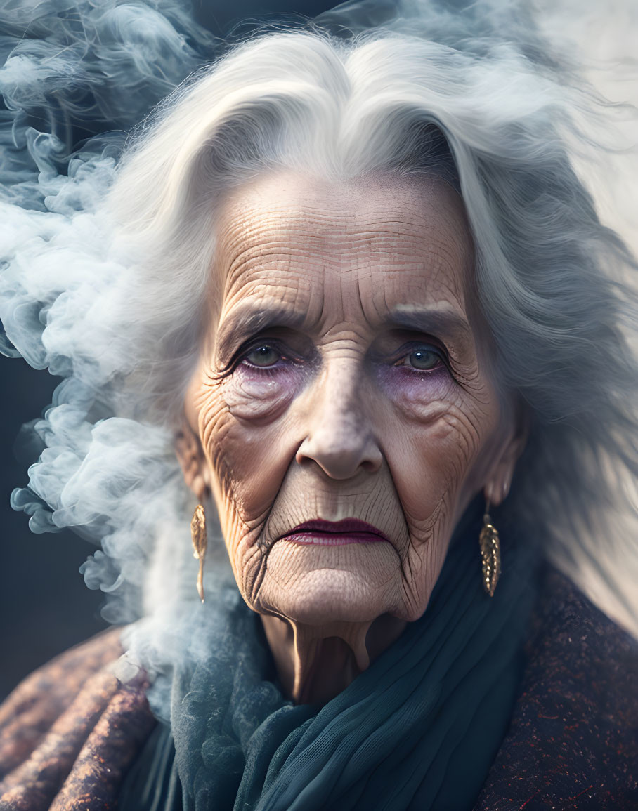 Elderly woman with blue eyes and silver hair in scarves with swirling smoke