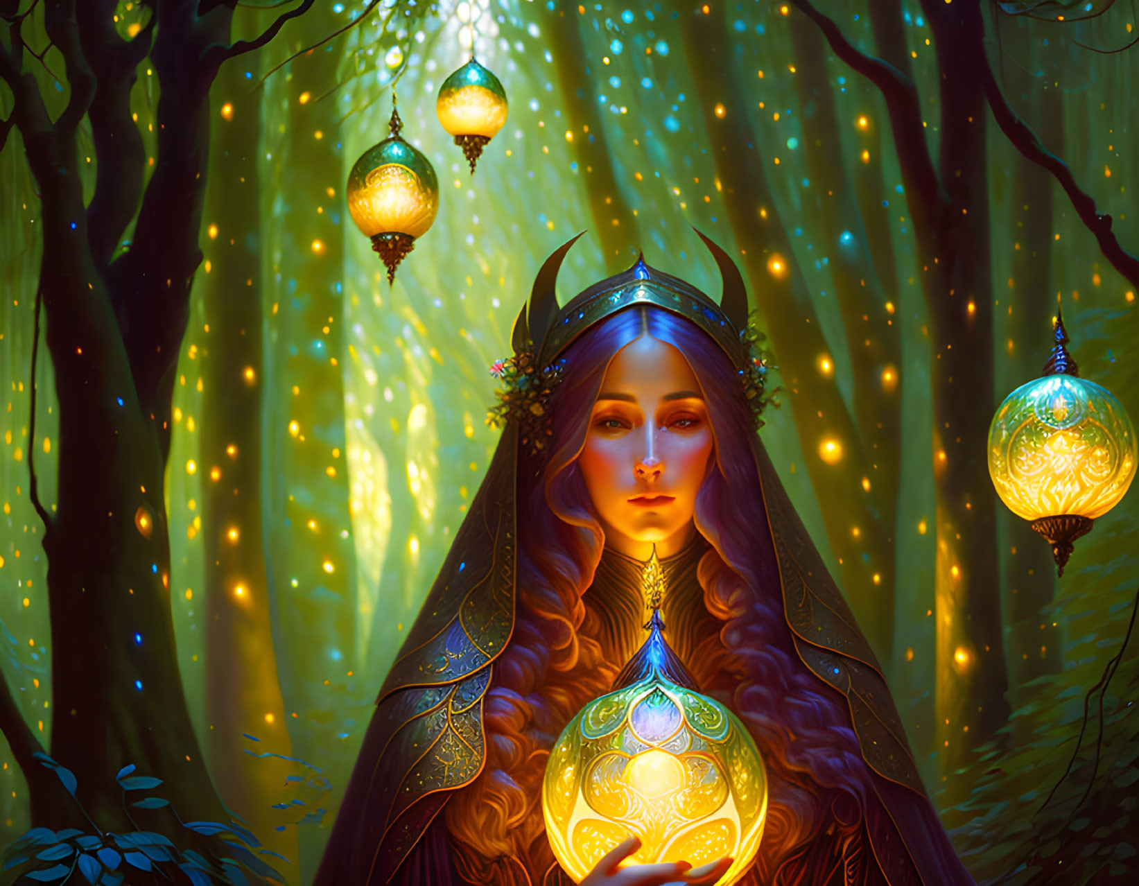 Mystical forest queen with glowing orb and crown in lantern-lit scene