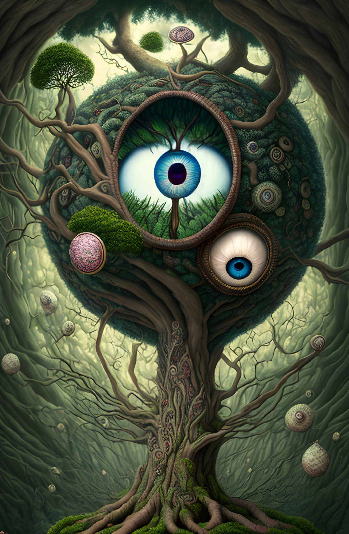 Surreal artwork: Tree with eye-like orbs, smaller trees, floating spheres in mystical forest