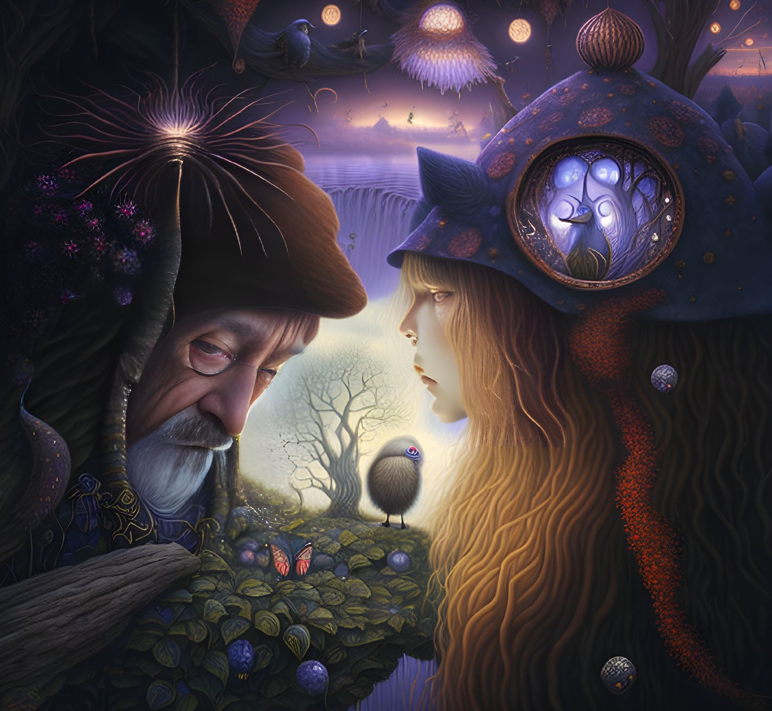 Elderly man and woman in fantasy landscape with glowing flowers