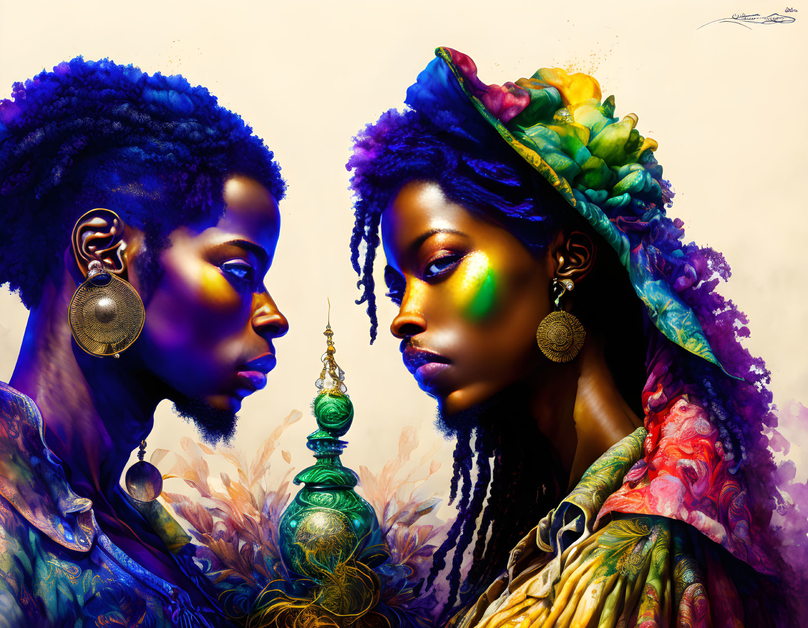 Colorful Artwork: Two Figures in Blue and Purple with Floral Elements