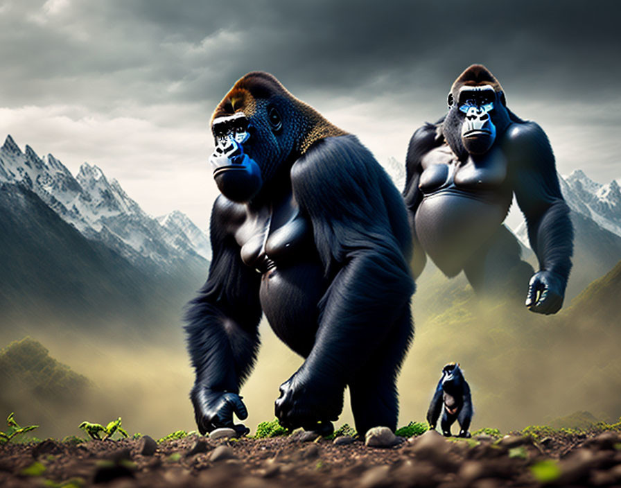 Digitally Rendered Mandrill Baboons Walking Against Mountainous Backdrop