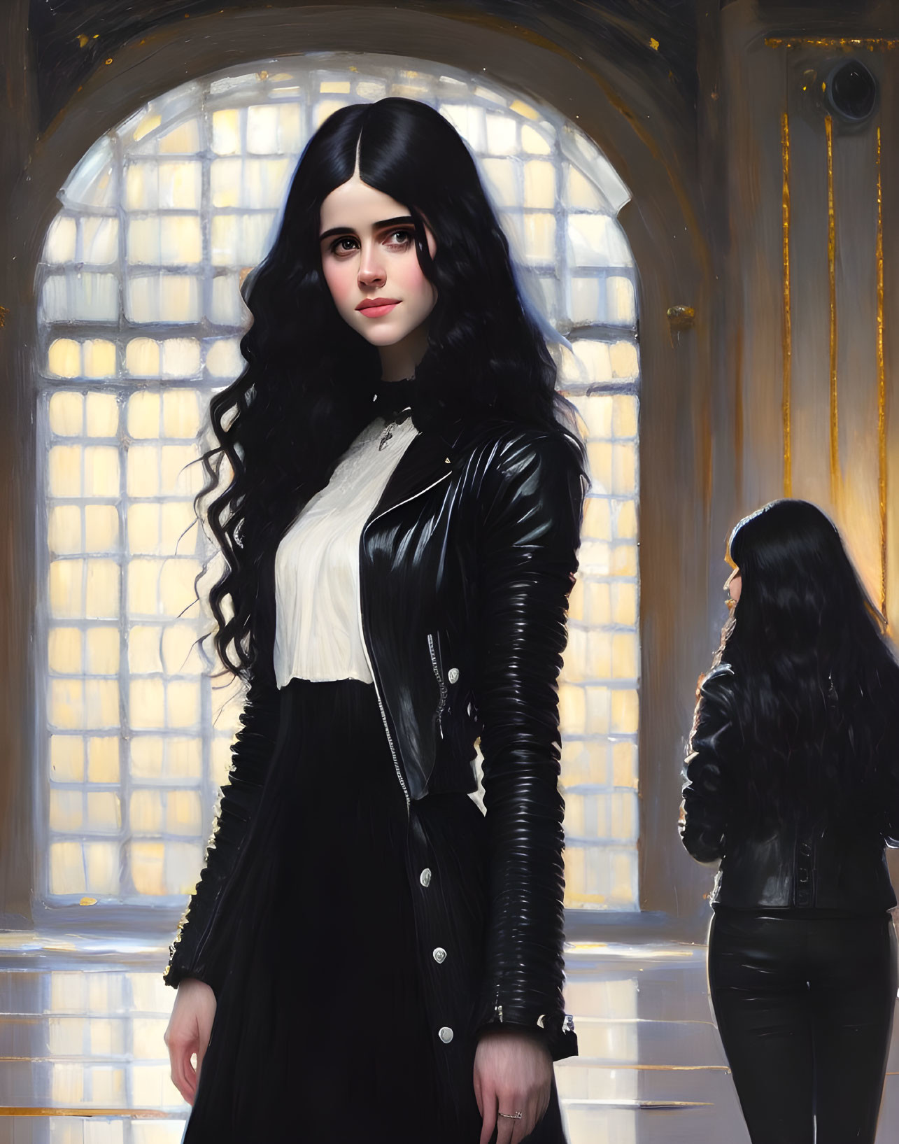 Long-haired woman in black leather jacket and skirt by window reflection