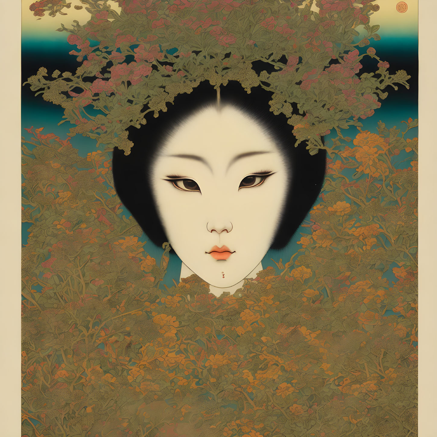 Stylized portrait of figure with geisha-like appearance and intricate floral headdress.