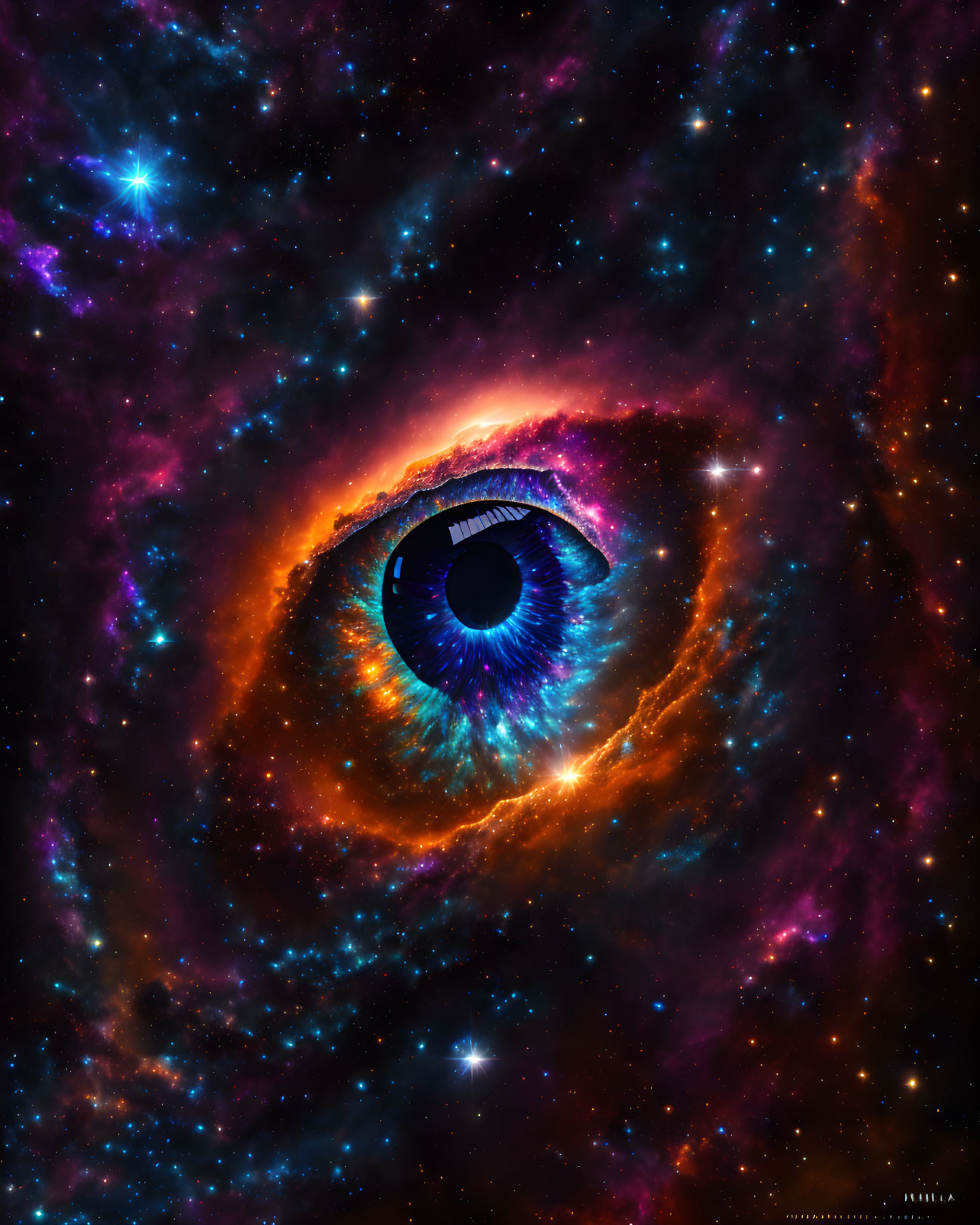 Surreal human eye merged with cosmic scenery in blue, purple, and orange hues