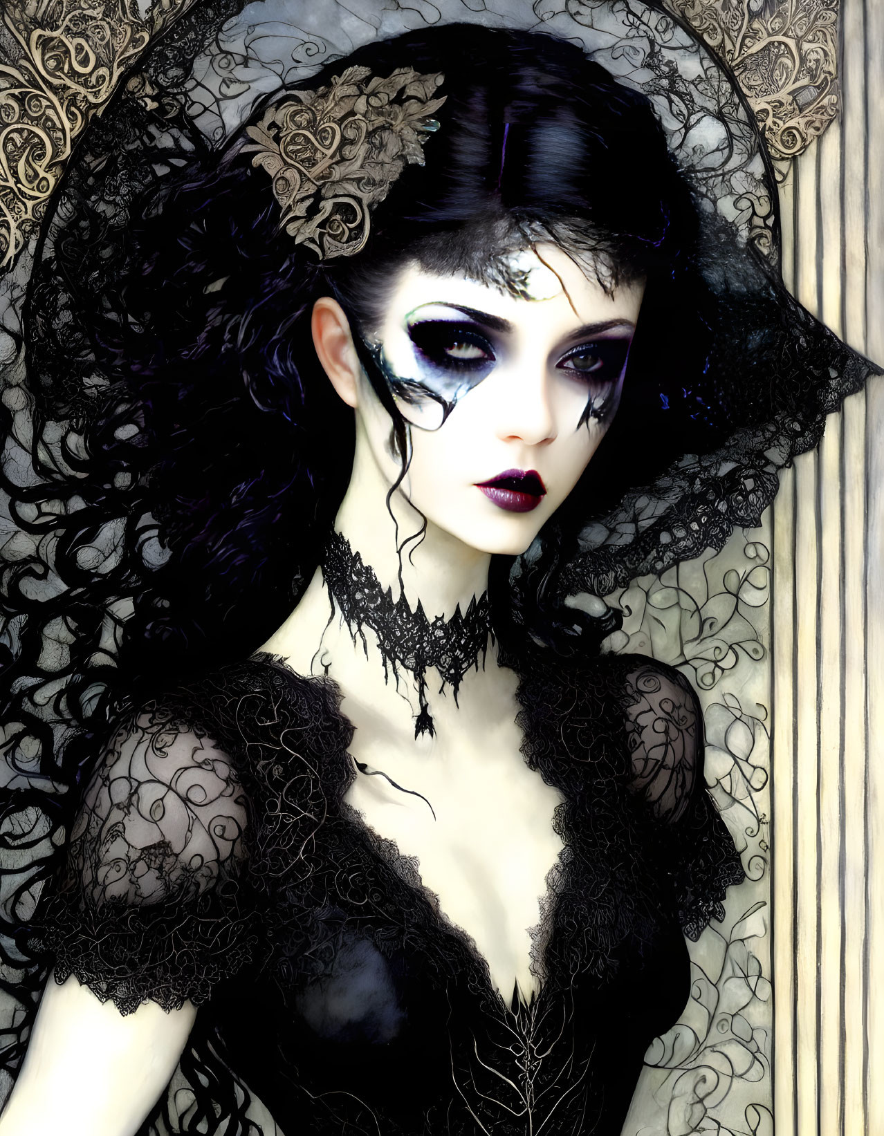 Gothic-style portrait with pale skin, black lace attire, dark makeup, and ornate he