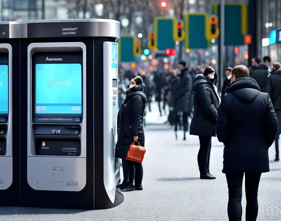 Pedestrians passing digital kiosks on city street with traffic lights.