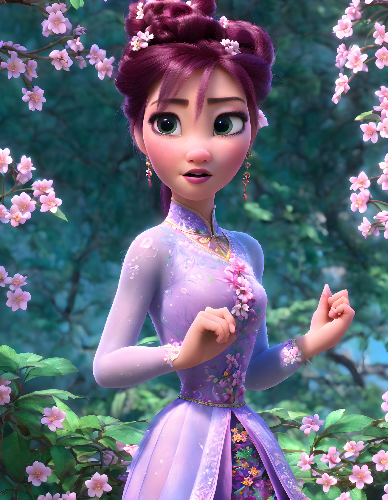 3D animated young female character in lavender dress with purple updo hair surrounded by pink blossoms