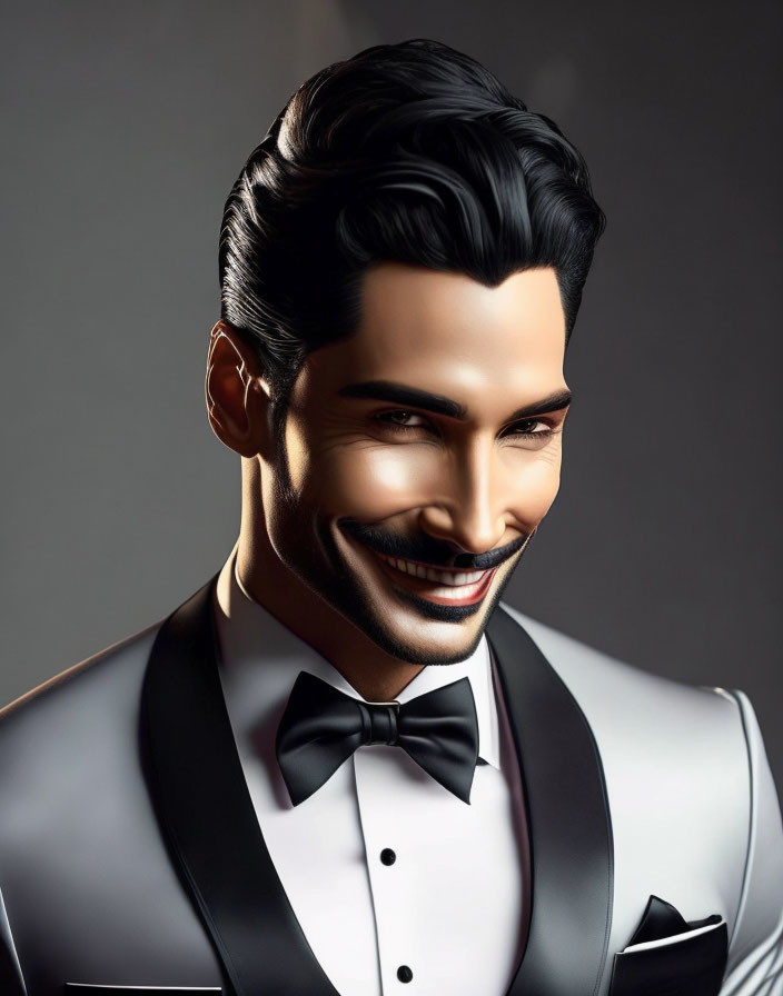 Man in Black Tuxedo with Slick Hair & Bow Tie